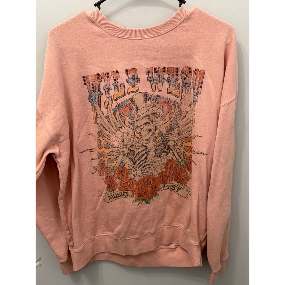 Goodie Two Sleeves Wild West Music Fest Rhinestone Skeleton Sweatshirt Pink Sm